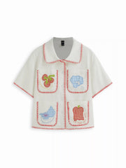 Linen-blend Fruit Embroidery Contrast Stitching Short Sleeve Shirt