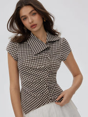Gingham Puff Sleeve Ruched Asymmetrical Hem Top