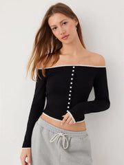 Off-shoulder Long Sleeve Lace Trim Button Front Top
