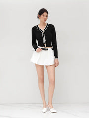 Knit V-neck Solid Contrasting Binding Button Cardigan