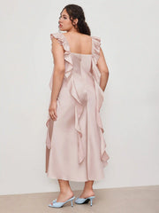 Satin Cowl Neck Solid Ruffle Hem Maxi Dress Curve & Plus