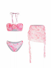Floral Halter Neck Bandeau Top & Low Rise Bikini Bottoms With Ruffled Wrap Skirt 3 Piece Bikini Set