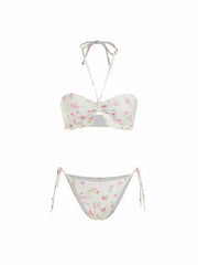 Floral Halter Neckline Top & Low Rise Tie Side Bikini Set