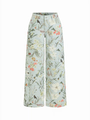 Denim Low Rise Striped Floral Graphic Asymmetrical Metal Detail Wide Leg Jeans