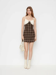 V-neck Plaid Patched Bowknot Cami Mini Dress