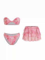 Floral & Leopard Halter Neckline Knotted Bikini Set With Ruffle Tiered Skirt