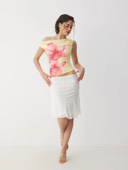 Mesh Floral Asymmetrical Neck Ruched Tank Top