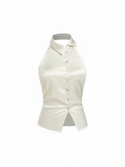 Silk Halter Neck Button Front Cut Out Slim Blouse