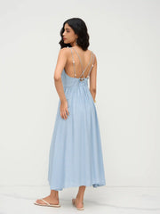 Linen-blend Beaded Criss Cross Backless Maxi Dress