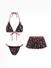 V-neck Floral Bowknot Halter Bikini Set & Cover Up Skirt