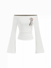 Cotton Cat Graphic Off-shoulder Bell Sleeve Ruched Tee
