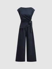 Boat Neck Stripe Ruched Knotted Straight Leg Jumpsuit