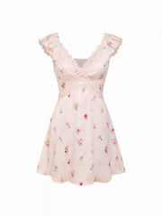 Satin Floral V-neck Ruffle Sleeve Lace A-line Mini Dress