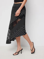 Satin Low Rise Polka Dot Lace Panel Asymmetrical Flared Midi Skirt