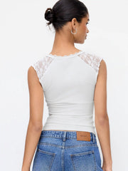 Cotton-blend Scoop Neck Lace Panel Tie-front Tank Top