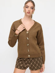 Knit V-neck Belted Metal Button Detail Oversized Cardigan