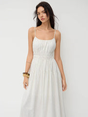 Linen-blend Square Neck Stripe Shirred Midi Dress