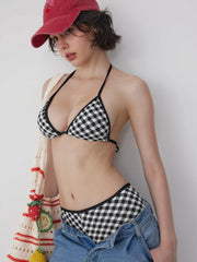 High Stretch Halter Neck Checks Triangle Top & Low Rise Contrasting Binding Shorts Bikini Set