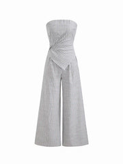 Cotton-blend Stripe Asymmetrical Hem Ruched Shirred Wide Leg Bandeau Jumpsuit