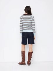 Knit Striped Polo Neck Long Sleeve Oversized Top