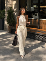 High Rise Metal Button Pleated Wide Leg Trousers