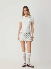 Cotton Peter Pan Collar Puff Sleeve Bowknot Lace Trim Blouse