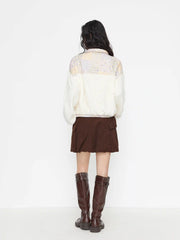 Cotton Fleece Patched Stand Collar Floral Contrasting Binding Sweatshirt