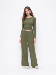 Drawstring Ruched Crop Top & High Rise Straight Leg Trousers Set