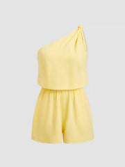 Linen-blend Asymmetrical Neck Solid Twist Pocket Romper