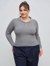 Knit Collar Solid Button Long Sleeve Top Curve & Plus