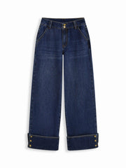 Washed Denim Low Rise Metal Detail Wide Leg Jeans