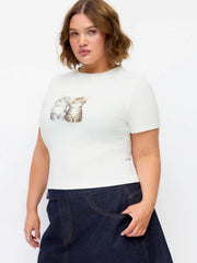Cotton-blend Cat Graphic Bowknot Short Sleeve Tee Curve & Plus