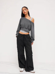Terry Off-shoulder Cropped Oversized Sweatshirt & Ruched Tank Top