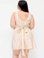 Cotton Floral Square Neck Bowknot Flared Mini Dress Curve & Plus