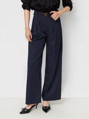 Mid Rise Striped Pleated Straight Leg Trousers With Belt