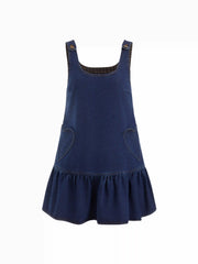 Denim Heart Applique Ruffle Hem Oversized Mini Pinafore Dress