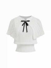 Knit Pointelle Bowknot Cape Detail Short Sleeve Top