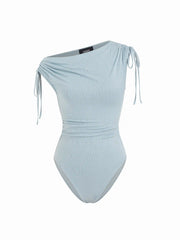 Textured Cowl Neck Drawstring Ruched Sleeveless Bodysuit