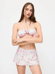 Floral Tile Strapless Bowknot Bandeau & Low Rise Skirt Bikini Set