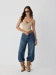 Mesh V-Neck Lace Panel Ruched Cami Top