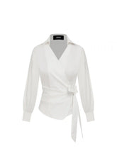 Cotton-blend Collar Long Sleeve Wrap Tie Side Shirt