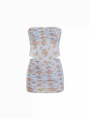 Floral Strapless Ruched Appliques Bandeau Top & Low Rise Skirt Cover Up Set