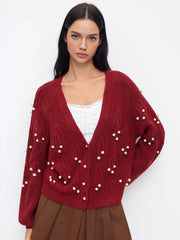 Knit V-neck Faux Pearl Lantern Sleeve Oversized Cardigan