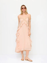 Chiffon V-neck Lace Trim Ruffled Straight Maxi Dress