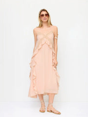 Chiffon V-neck Lace Trim Ruffled Straight Maxi Dress