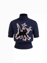 Knit Wool-blend Cat Graphic High Neck Short Sleeve Top