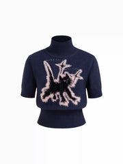 Knit Wool-blend Cat Graphic High Neck Short Sleeve Top