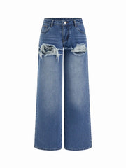 Denim Low Rise Ripped Straight Leg Jeans