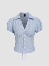 Cotton-blend V-neck Stripe Tie Back Shirt