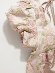 Floral Embroidery Puff Sleeve Tie Back Oversized Babydoll Mini Dress